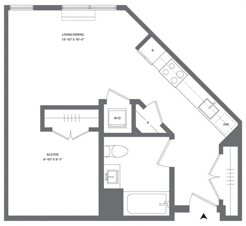 Floor plan for studio, 1 bath, 512 sqft